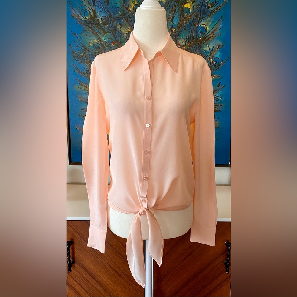 ANTONIO MELANI 100% SILK Button Down Tie Front Blouse | Soft Shell Pink | XS